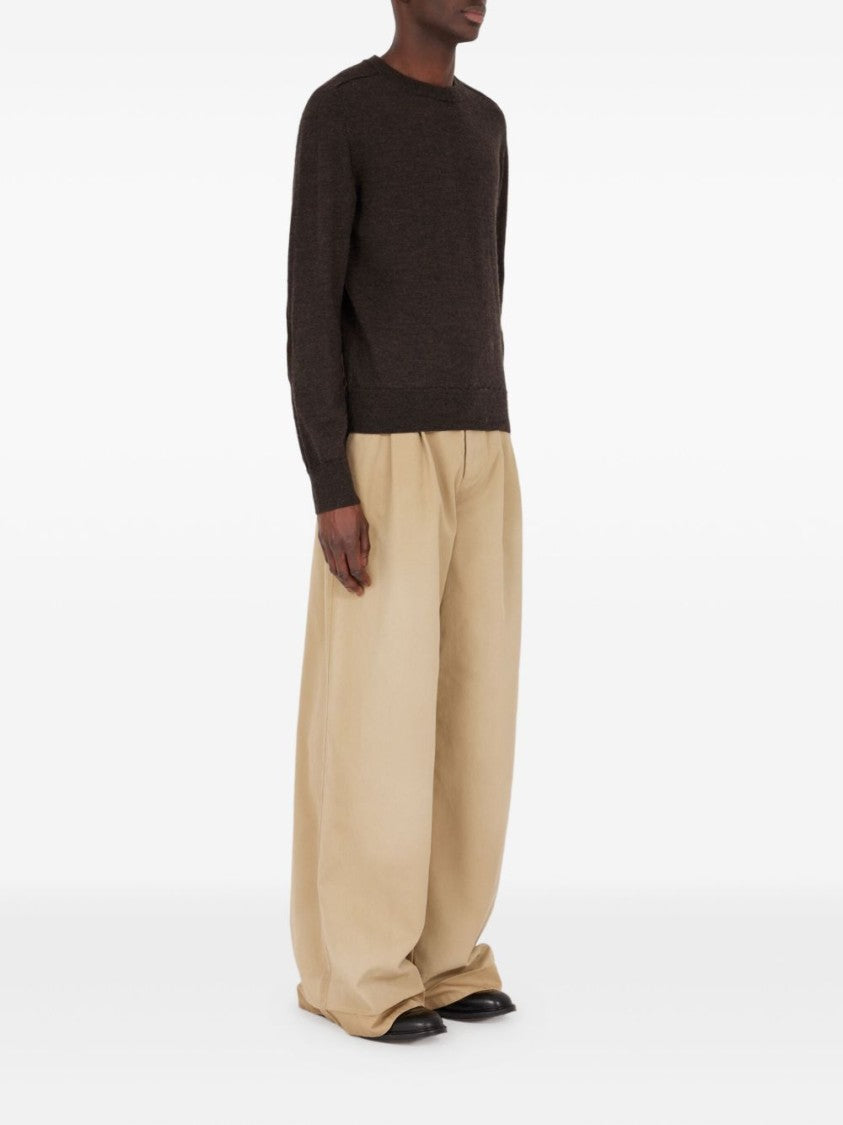Maison Margiela Brown Crew Neck Sweater With Elbow Patches And Fitted Waist