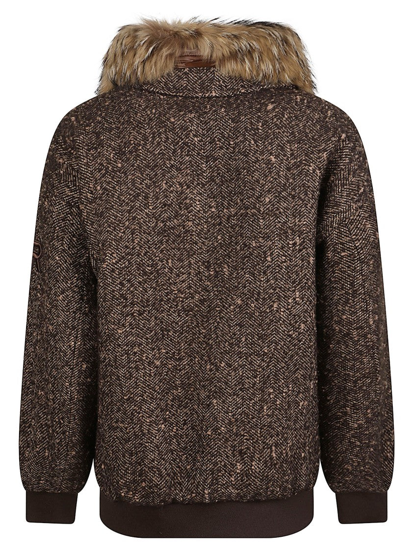 Ermanno Firenze Textured Brown Jacket With Plush Fur Collar And Zip Closure