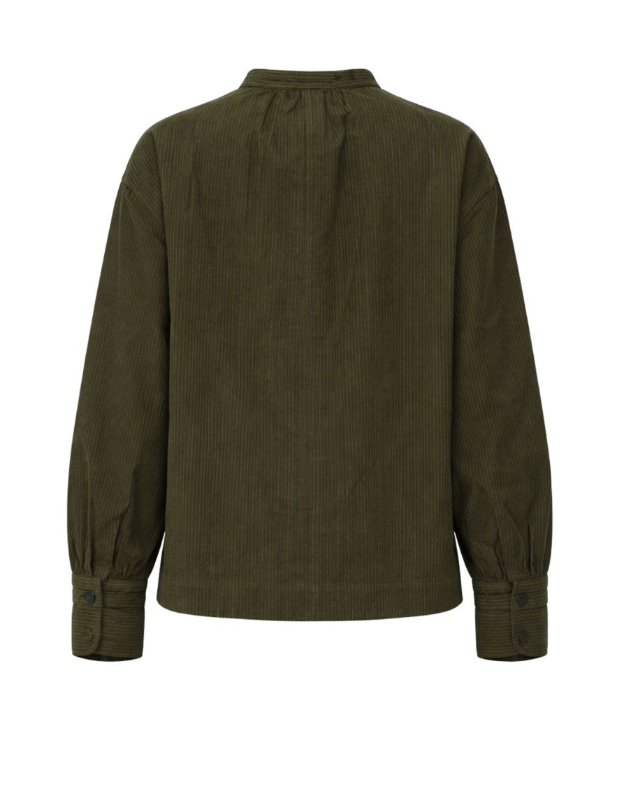 Pomandère Military Green Striped Cotton Loose-Fit Shirt