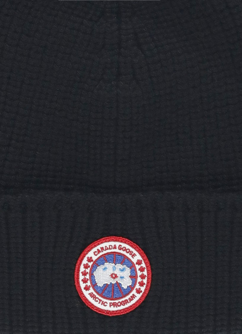 Canada Goose Black Wool Beanie With Contrasting Logo Patch