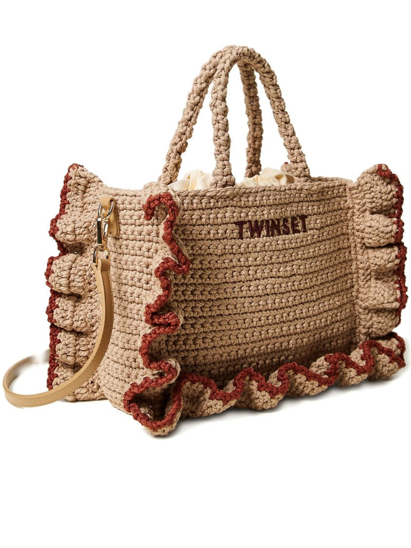 Twin-Set Rectangular Woven Bag With Ruffled Edges And Leather Strap