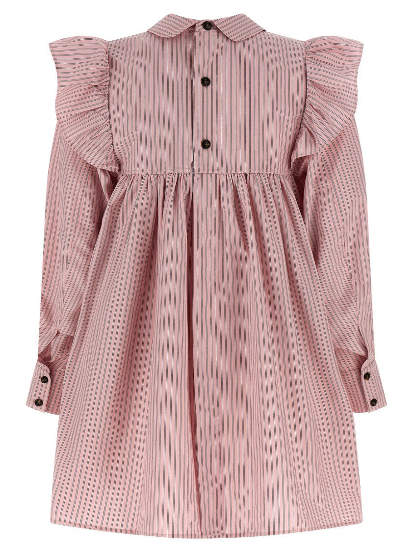 Ganni Oxford Cotton Mini Dress With Ruffled Shoulders And Classic Collar