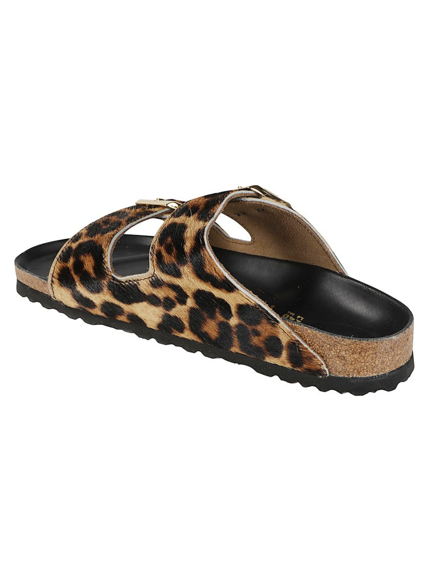 Birkenstock Arizona Fur Hex Leopard Print Two-Strap Leather Sandals