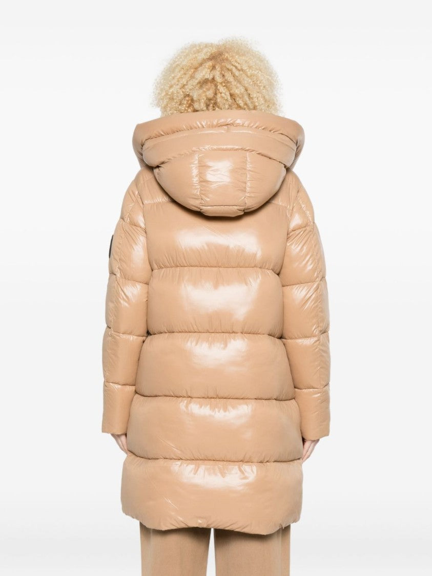 Save The Duck Beige Shiny Puffer Coat With Quilted Design