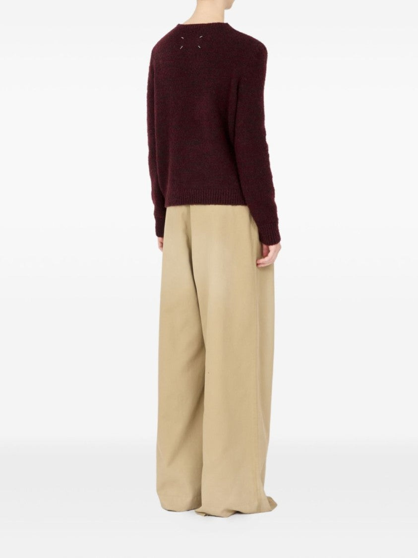 Maison Margiela Dropped Shoulder Burgundy Wool Sweater With Ribbed Details