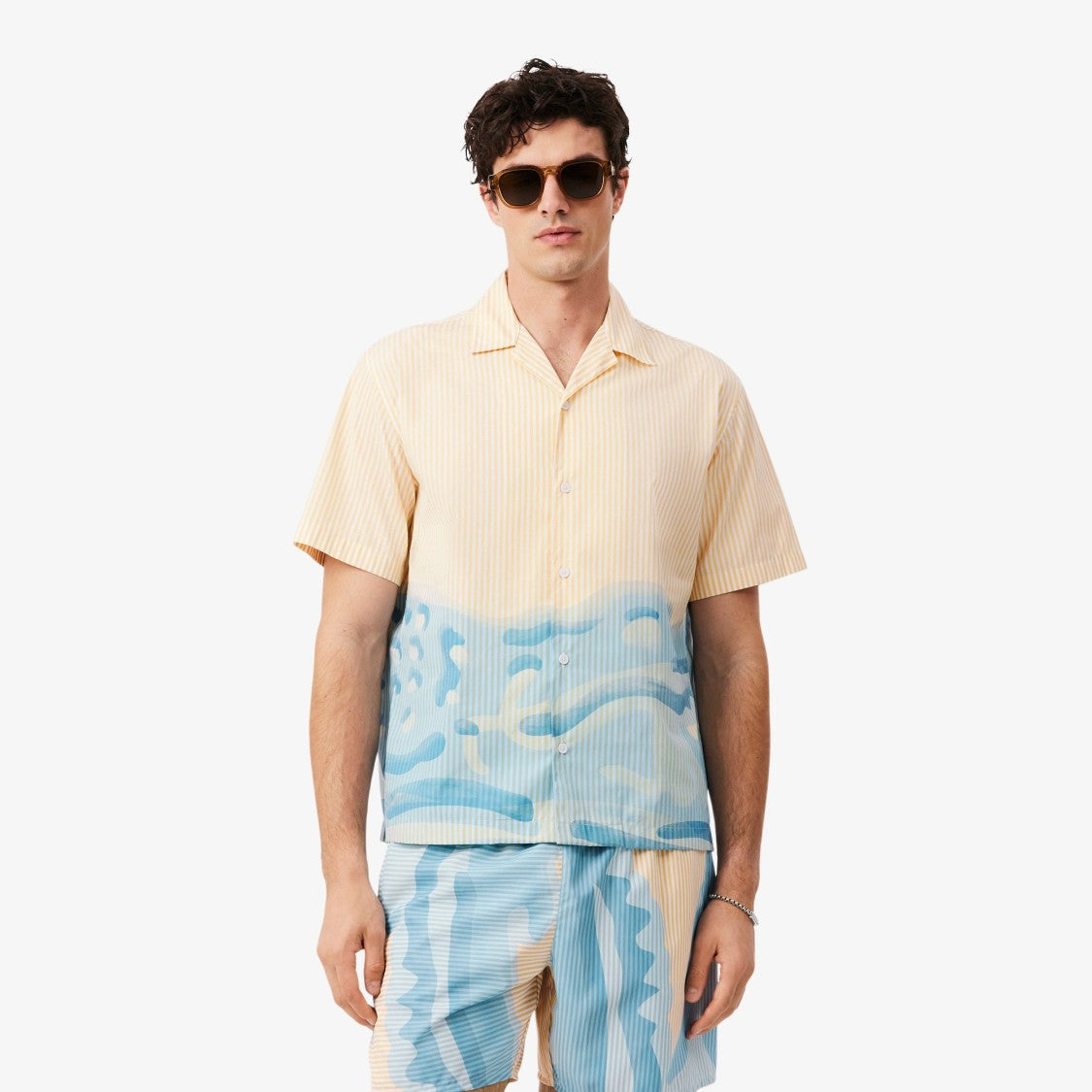 Lacoste Short-Sleeve Camp Collar Shirt With Abstract Waves