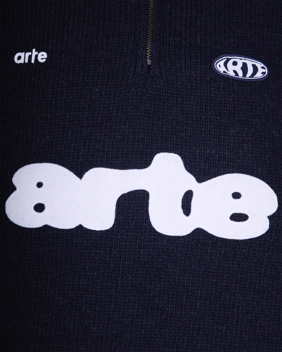 Arte Antwerp Knitted Navy Wool Blend Polo With Half-Zip Closure