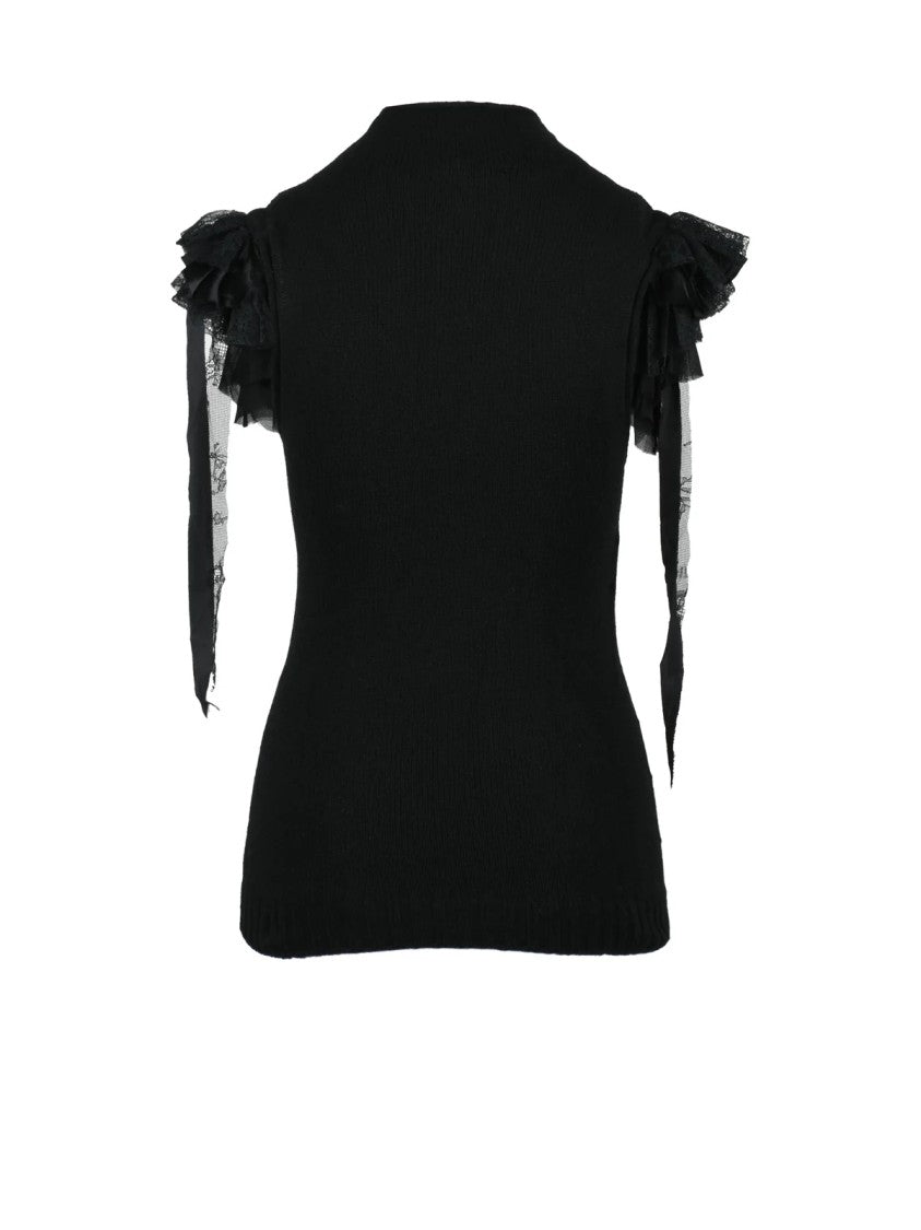 Alberta Ferretti Draped Black Vest With Romantic Ruffled Lace Details