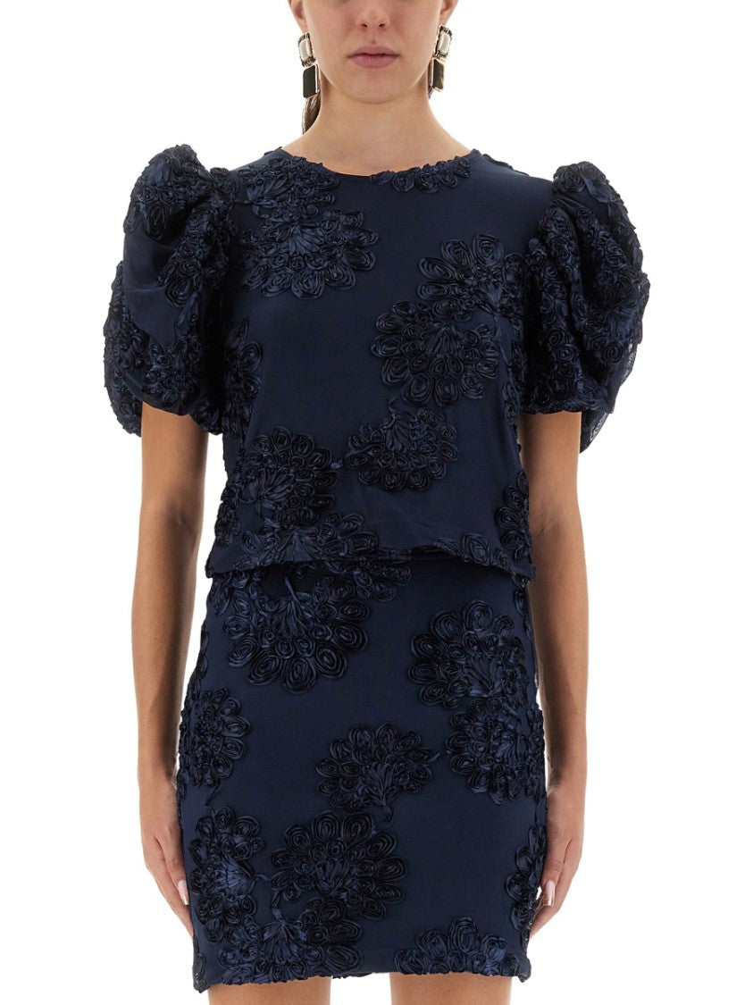 Rotate Birger Christensen Textured 3D Mesh Top With Puff Sleeves