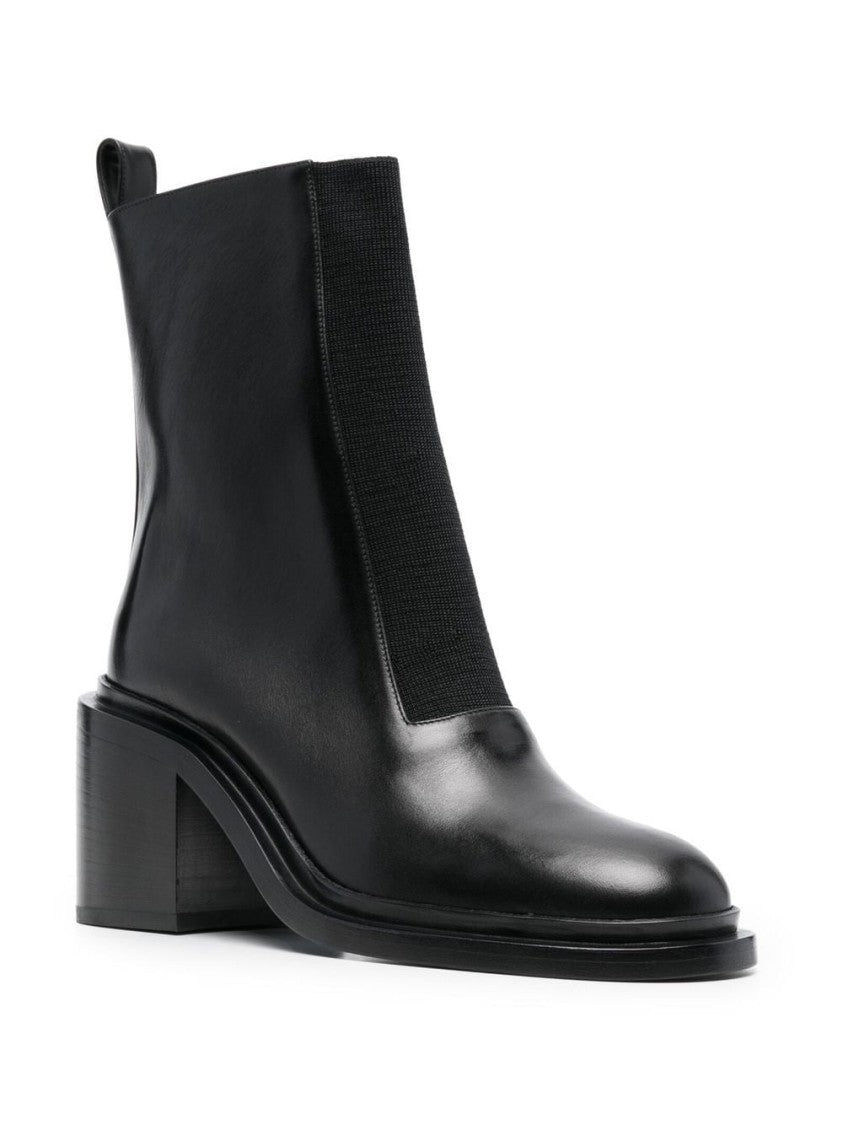Jil Sander Mid-Height Block Heel Black Ankle Boot With Stretch Panel