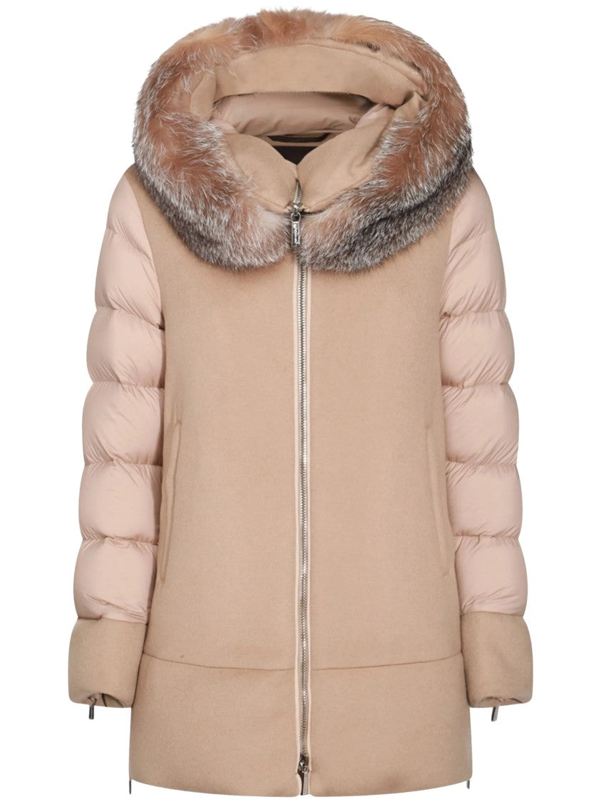 Moorer Fresia Coat With Quilted Sleeves And Fur Trim