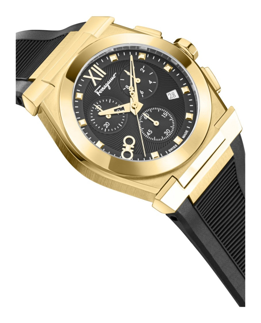 Ferragamo Vega Chrono Silicone Watch With Ip Yellow Gold Case And Guilloche Dial