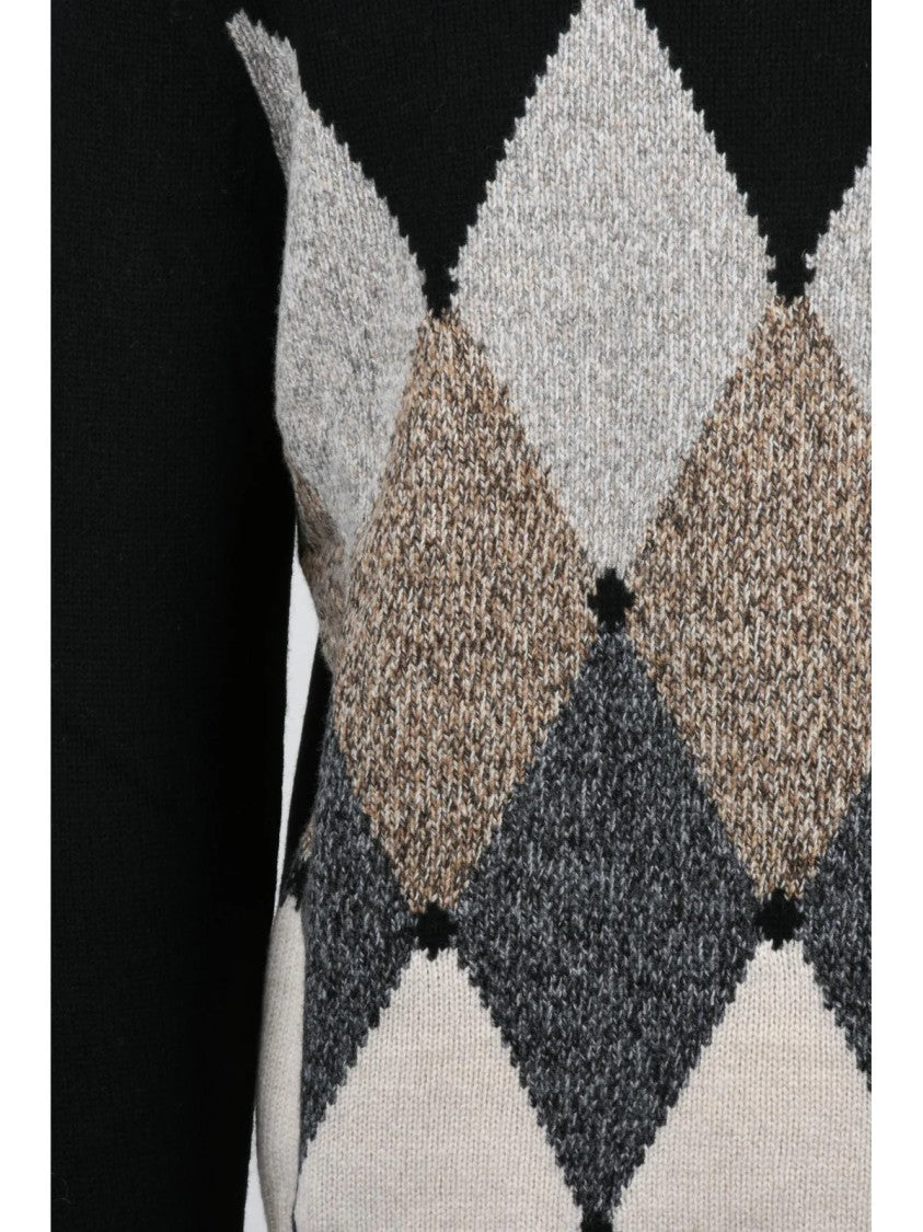 Ballantyne Beige Black Argyle Pattern Wool Crewneck Sweater