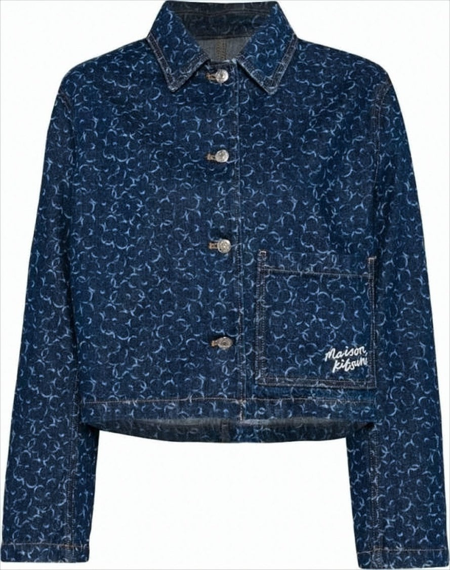 Maison Kitsuné Cropped Denim Jacket With Subtle Pattern And Contrast Stitching