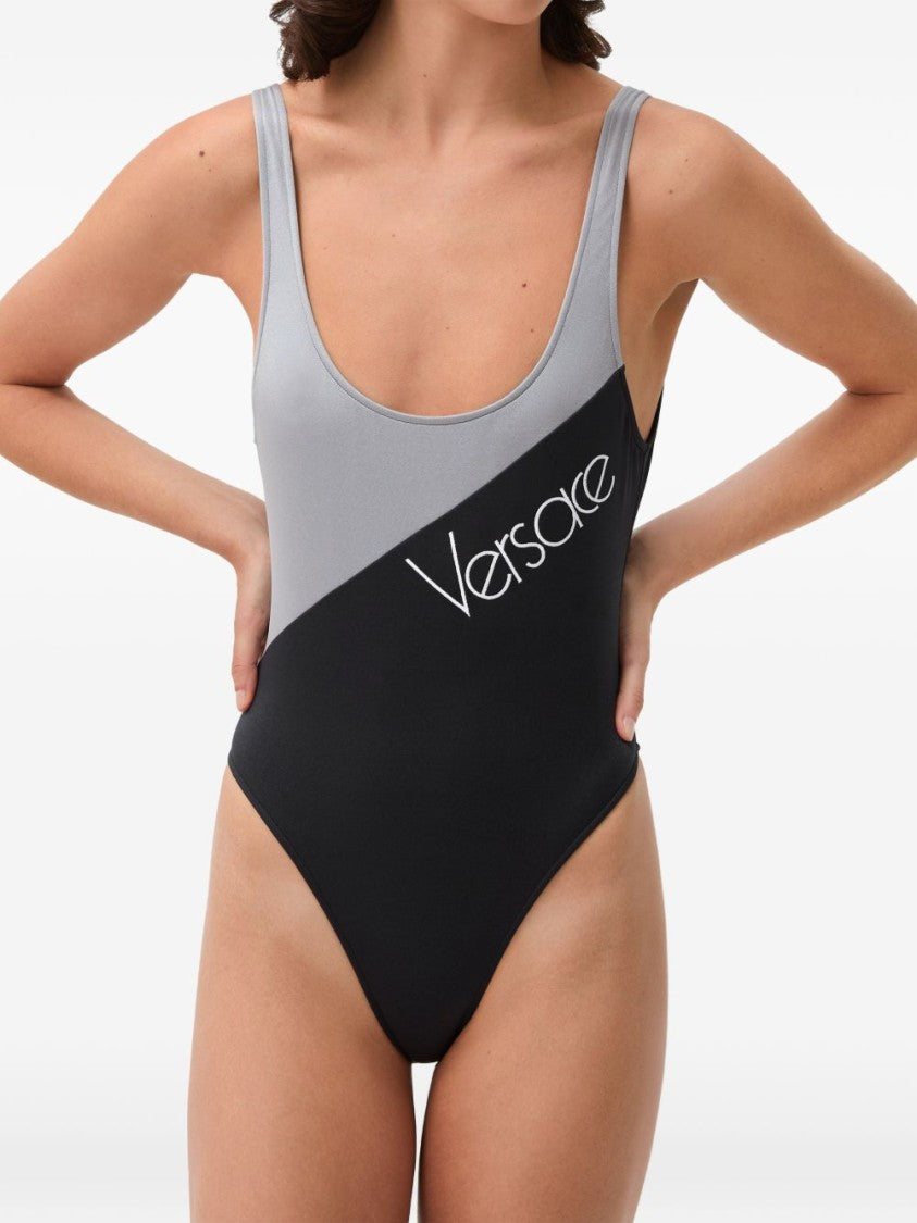 Versace Two-Tone One-Piece Swimsuit With Embroidered Logo Detail