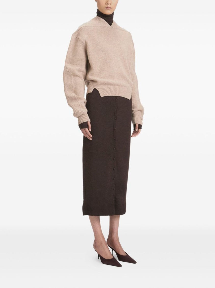 Victoria Beckham V-Neck Cashmere-Wool Blend Sweater With Ballooned Sleeves