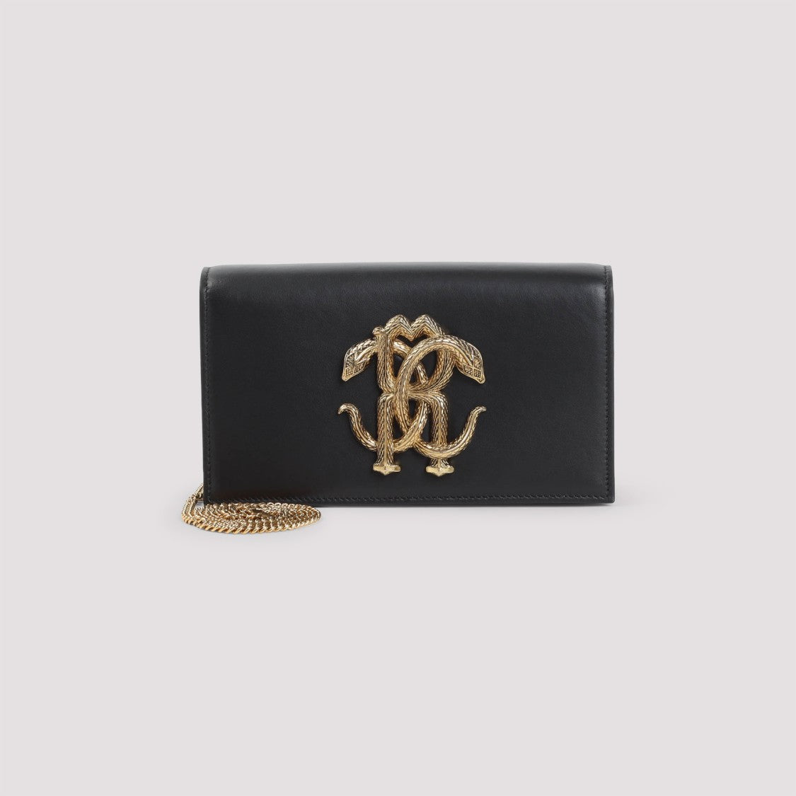 Roberto Cavalli Black Leather Shoulder Bag With Gold Emblem