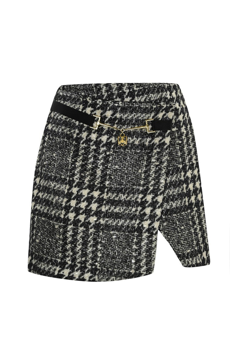 Elisabetta Franchi Tailored Houndstooth Skirt With Gold-Tone Embellishment