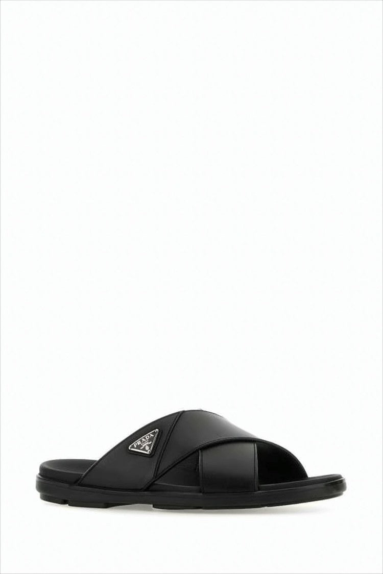 Prada Crisscross Leather Strap Black Slide Sandal