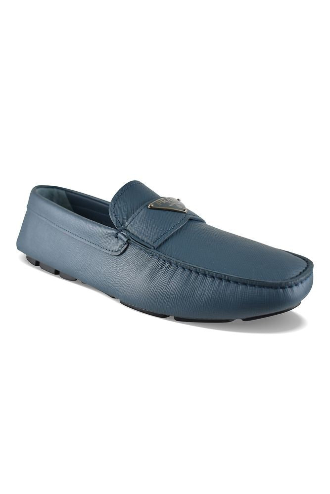 Prada Textured Saffiano Leather Blue Loafers