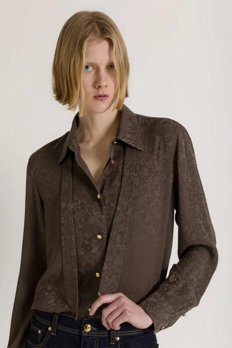 Alberta Ferretti Brown Floral Jacquard Tie-Neck Acetate-Silk Shirt