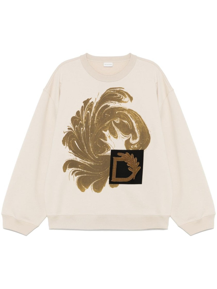 Dries Van Noten Light Beige Crew Neck Gold Graphic Polo