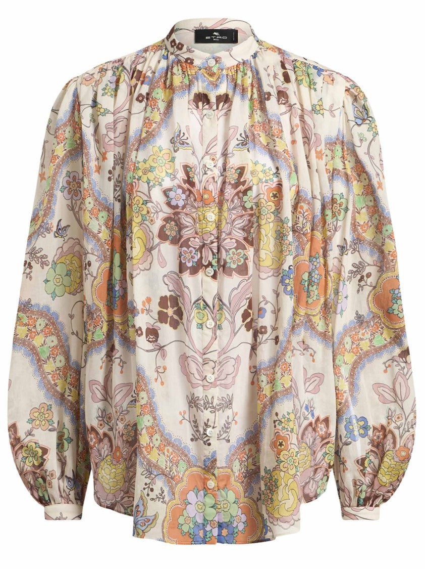 Etro Mandarin Collar Floral Print Cotton Shirt