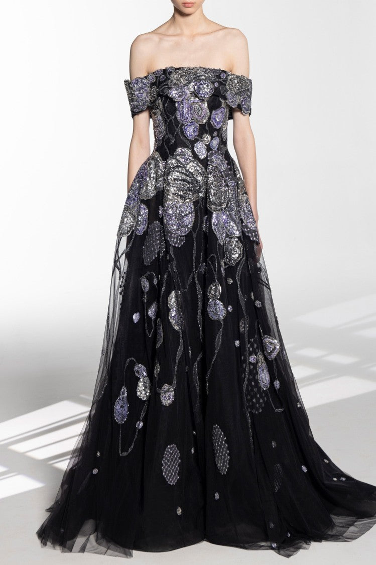 Saiid Kobeisy Off-Shoulder Beaded Tulle Dress