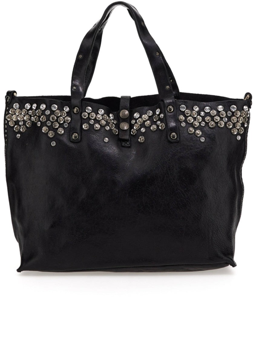 Campomaggi Large Black Leather Tote Bag With Silver-Tone Accents