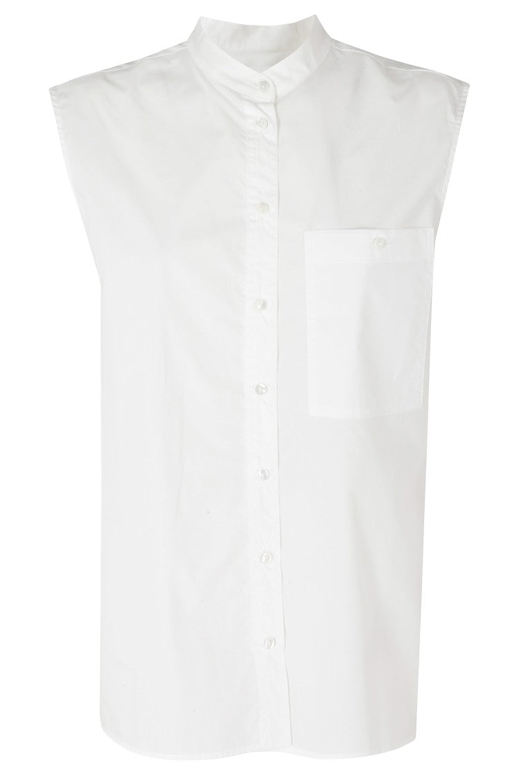 Solotre White Button-Down Pocket Cotton Sleeveless Shirt