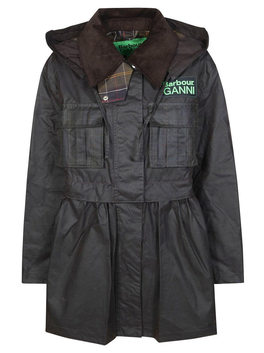 Barbour X Ganni Black Waxed Gathered Waist Coat