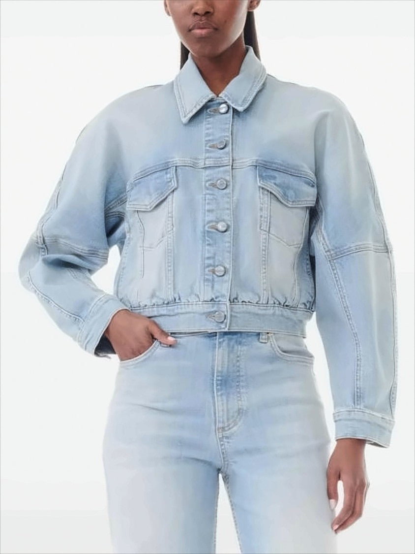 Ganni Light Wash Cropped Denim Jacket With Gathered Hem And Flap Pockets