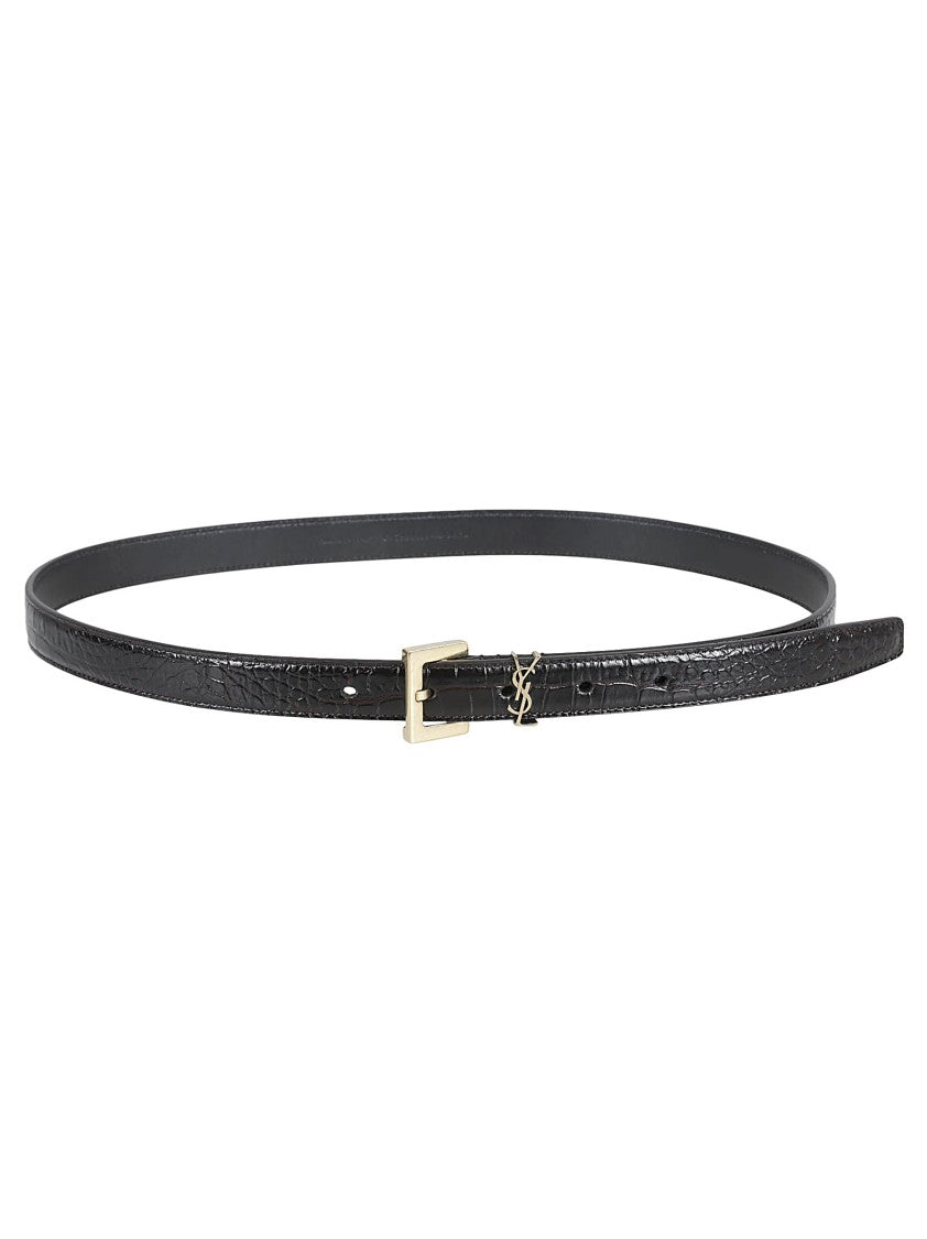 Saint Laurent Narrow Crocodile-Textured Calfskin Belt