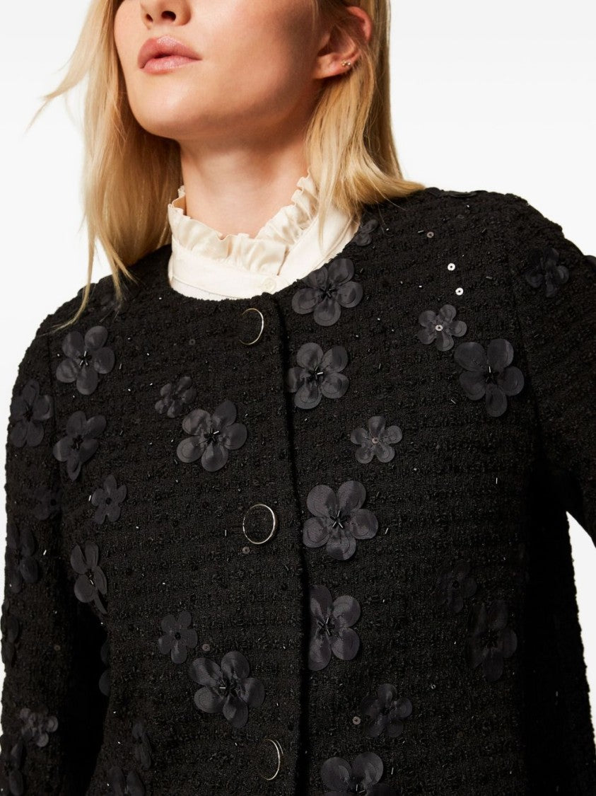 Twin-Set Textured Black Coat With Floral Appliqués