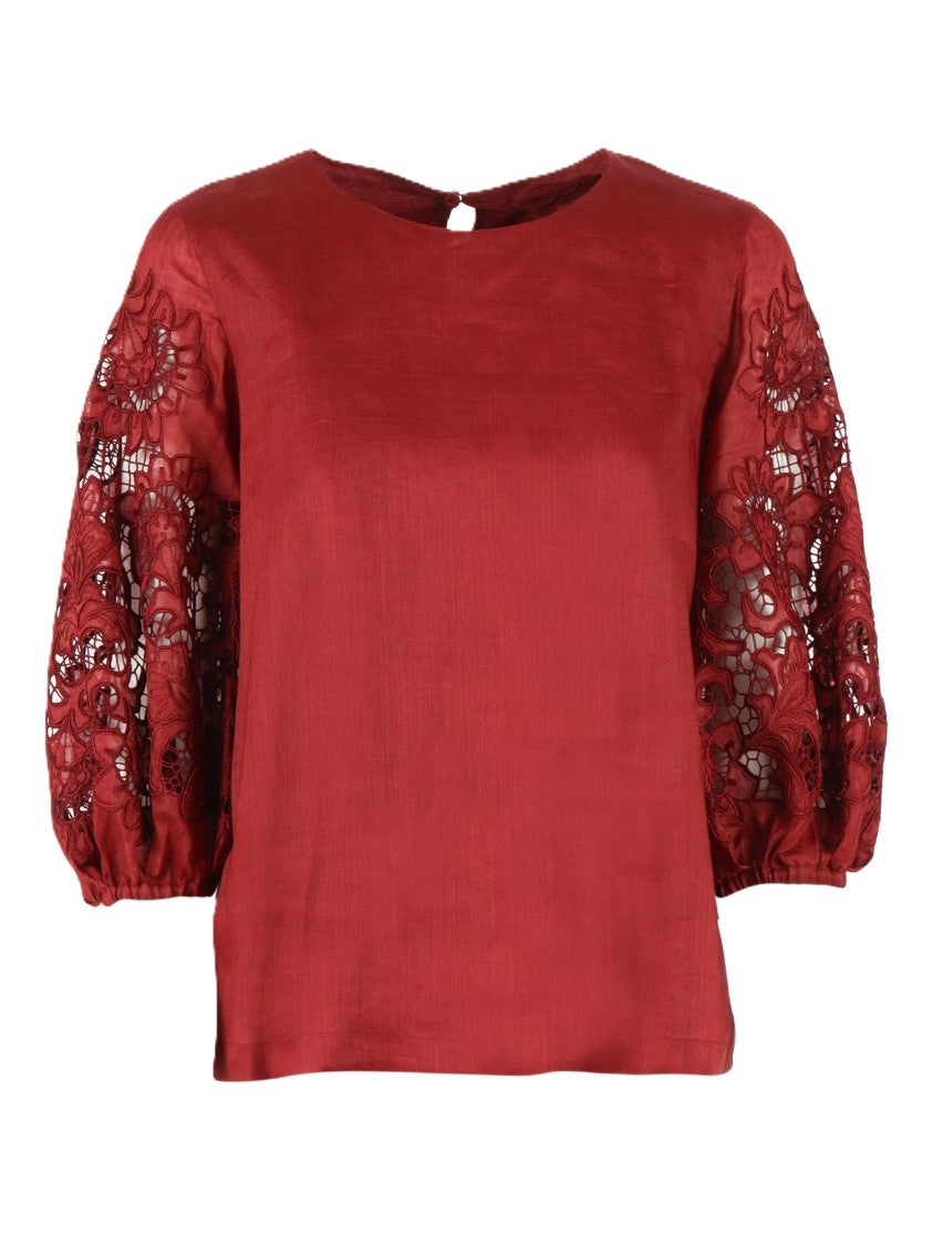 Max Mara Voluminous Red Top With Floral Lace Cutouts