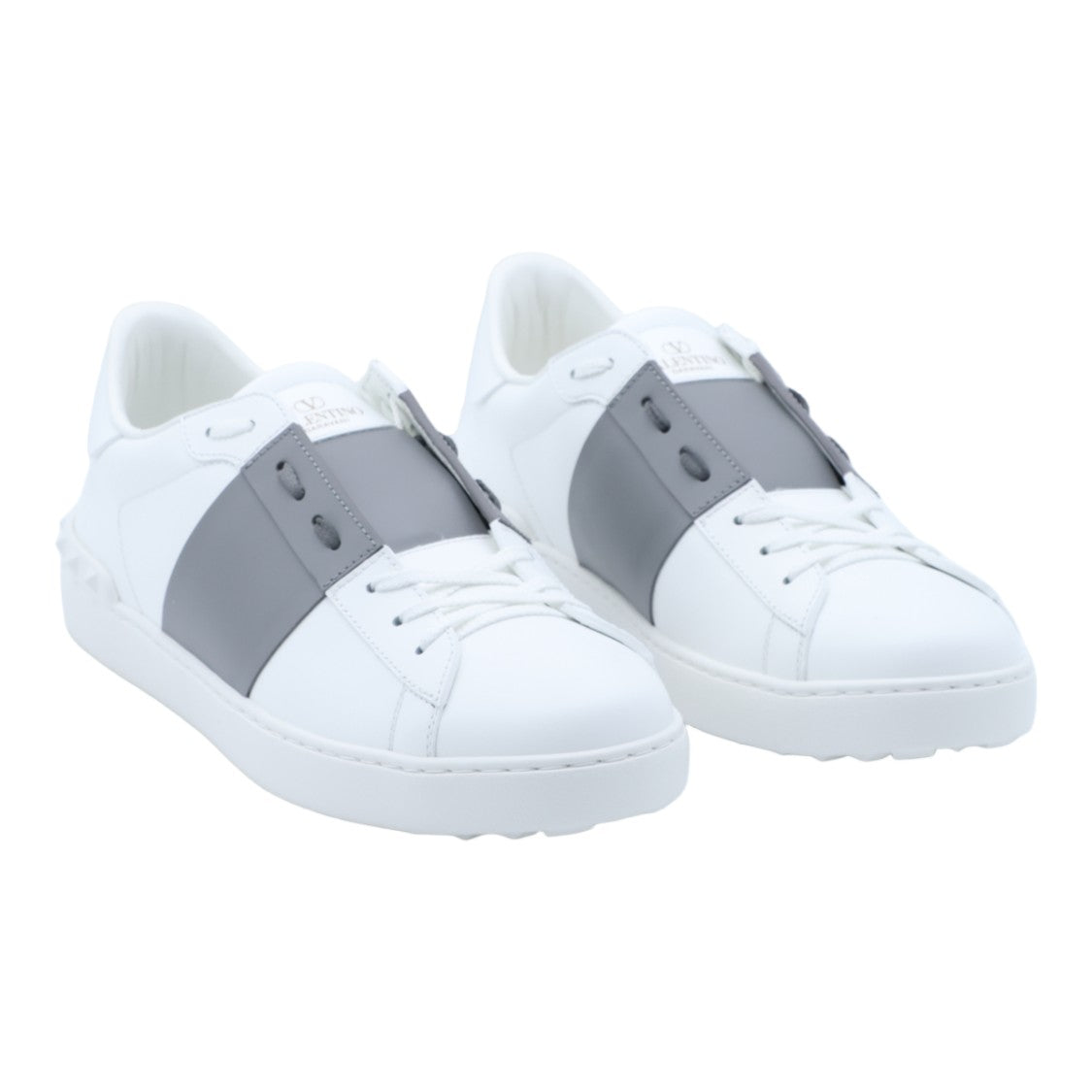 Valentino Garavani White Leather Sneakers With Grey Strap And Stud Accents