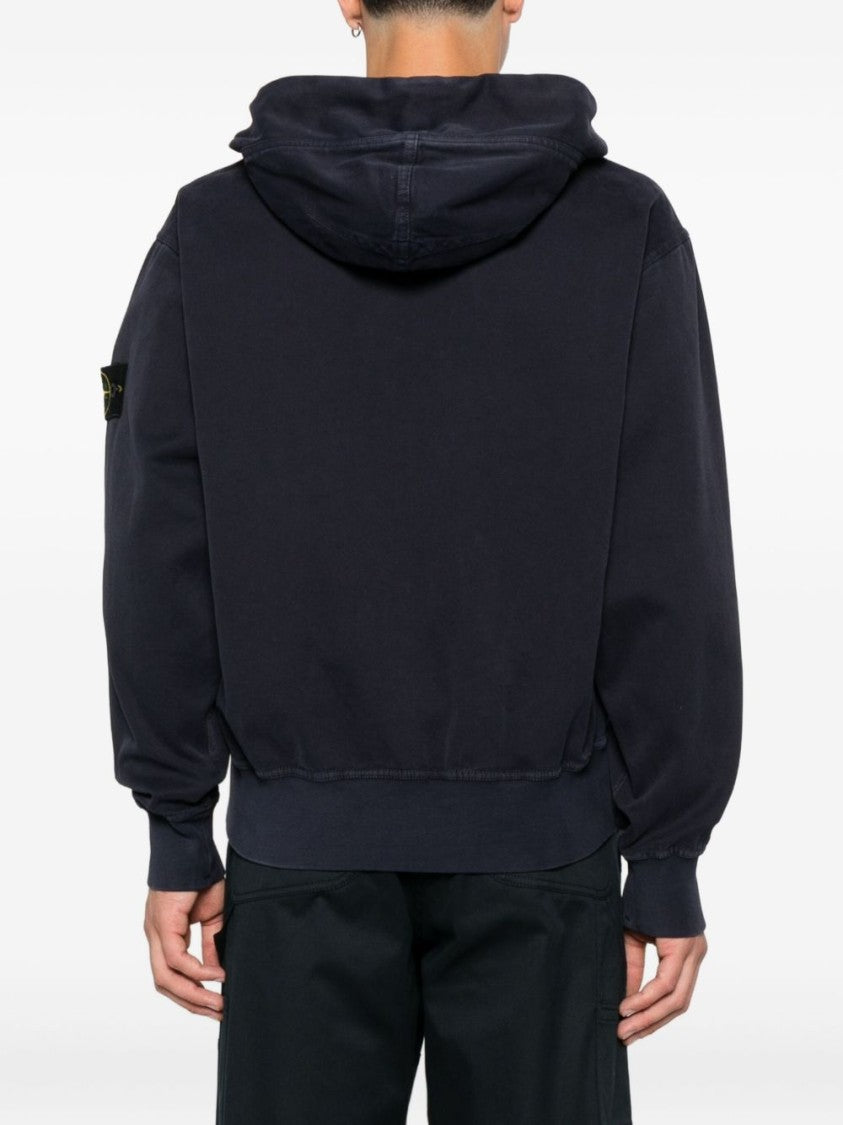 Stone Island Zip-Up Hoodie In Deep Ink Blue Organic Cotton With Logo Badge