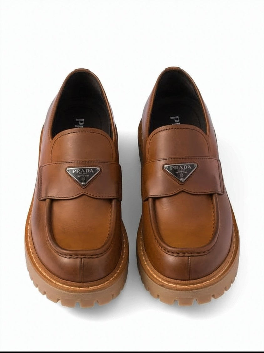 Prada Brown Calf Leather Loafers With Triangular Logo Plaque