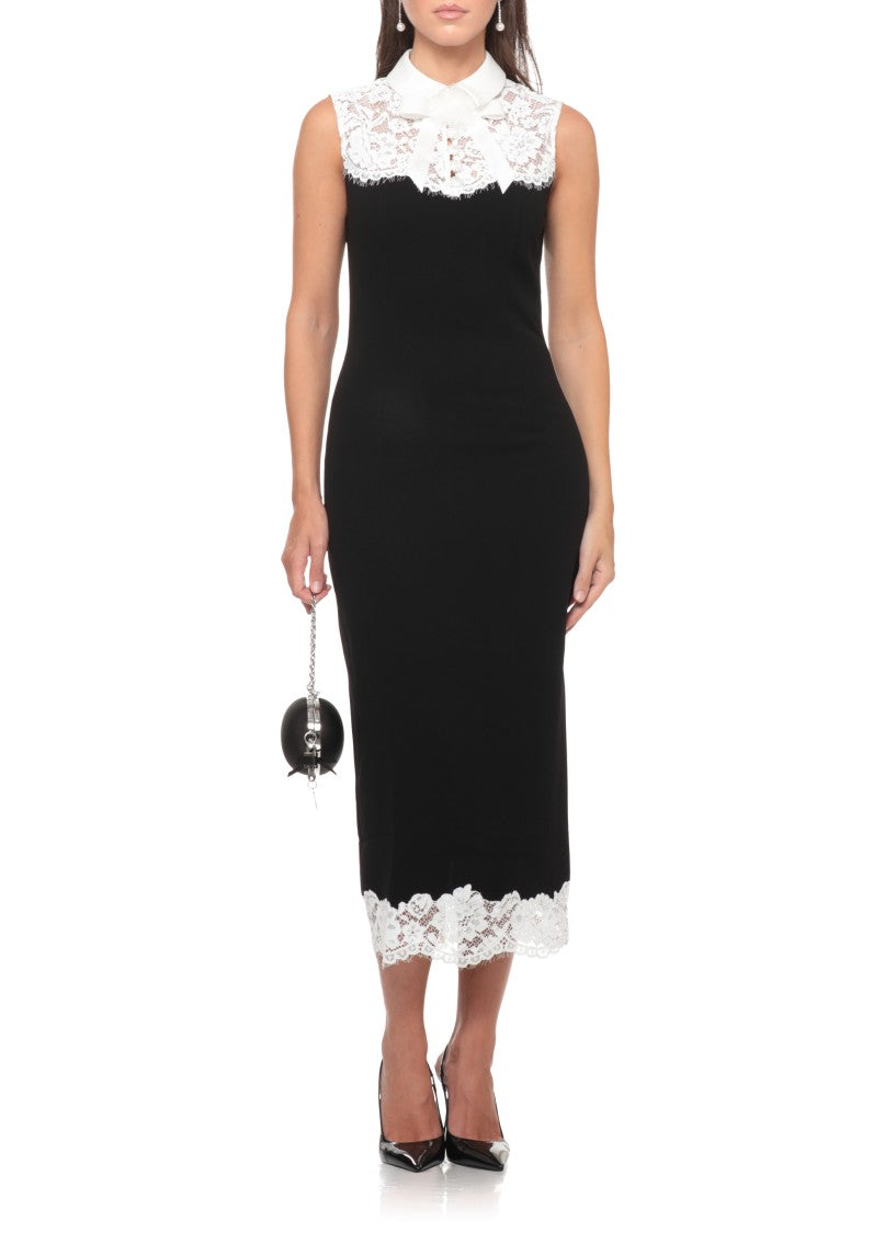 Self-Portrait Sleeveless Black Midi Dress With Floral Lace And Statement Collar