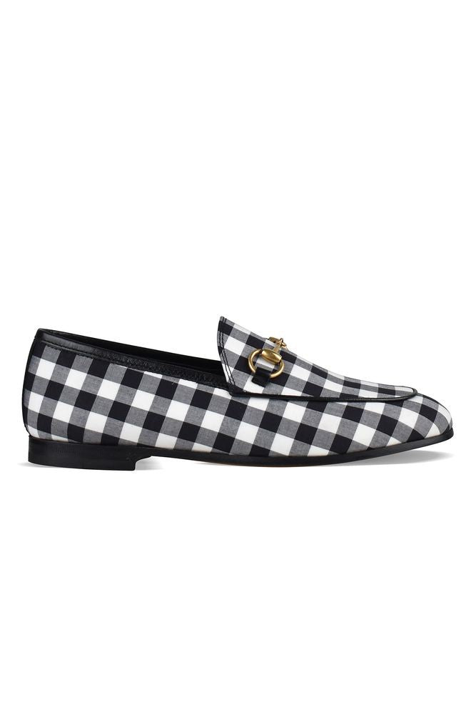 Gucci Gingham Pattern Fabric Loafers With Gold-Tone Accents