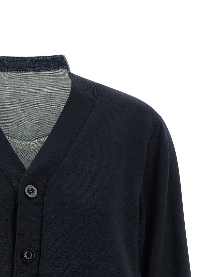 Sacai Shirt-Style Cardigan With Asymmetrical Hem And Contrast Stitching