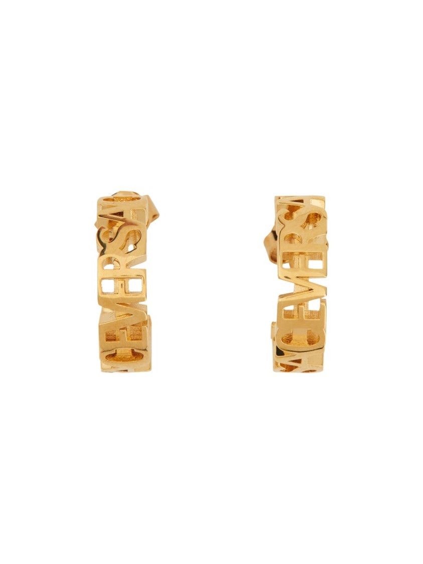 Versace Polished Brass Logo Hoop Earrings