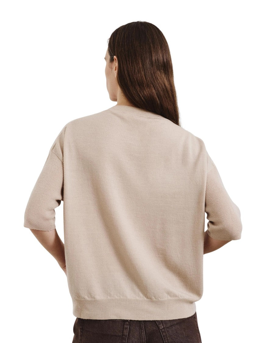 Pomandère Sand Ribbed Sleeve Wool-Blend T-Shirt