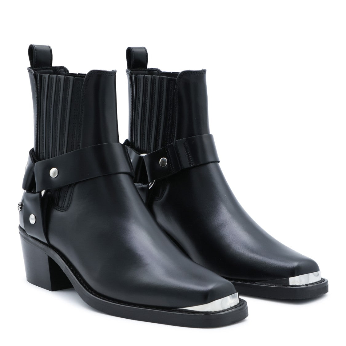 Anine Bing Pointed Toe Black Leather Ankle Boots With Silver-Tone Accents