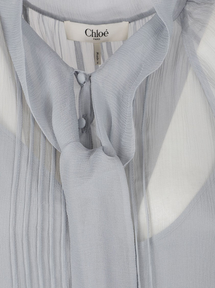 Chloé Delicate Grey Silk Midi Dress With Sheer Sleeves