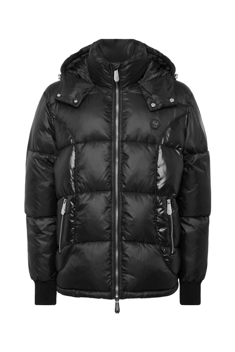 Philipp Plein Black Mixed Matte-Gloss Quilted Hexagon Patch Nylon Down Jacket