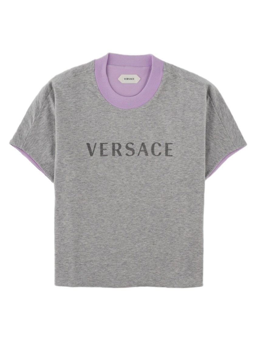 Versace Grey Cropped Lavender Accent Cotton T-Shirt