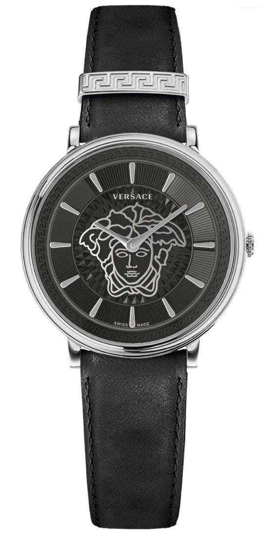 Versace Elegant Black Dial Watch With Medusa Design And Leather Strap