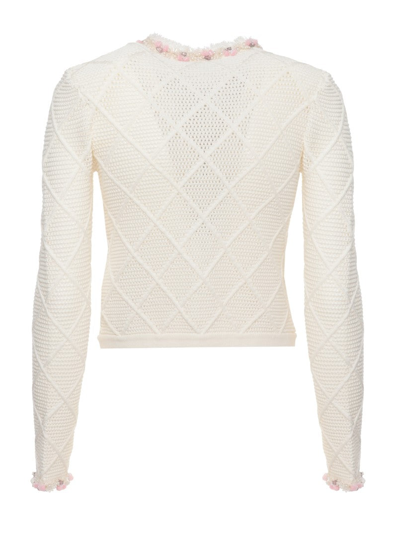 Self-Portrait Ivory Crochet Jewel Embellished Cardigan
