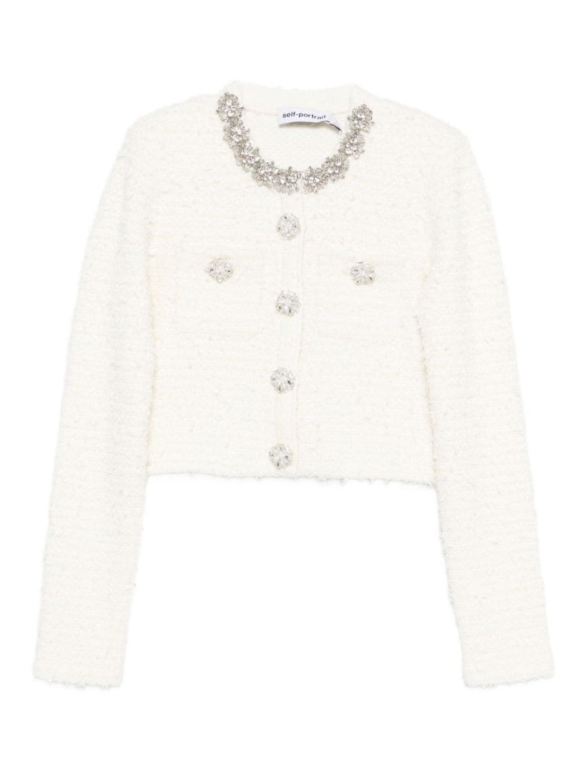 Self-Portrait Cropped Sweater With Textured Boucle Knit And Crystal Embellishments